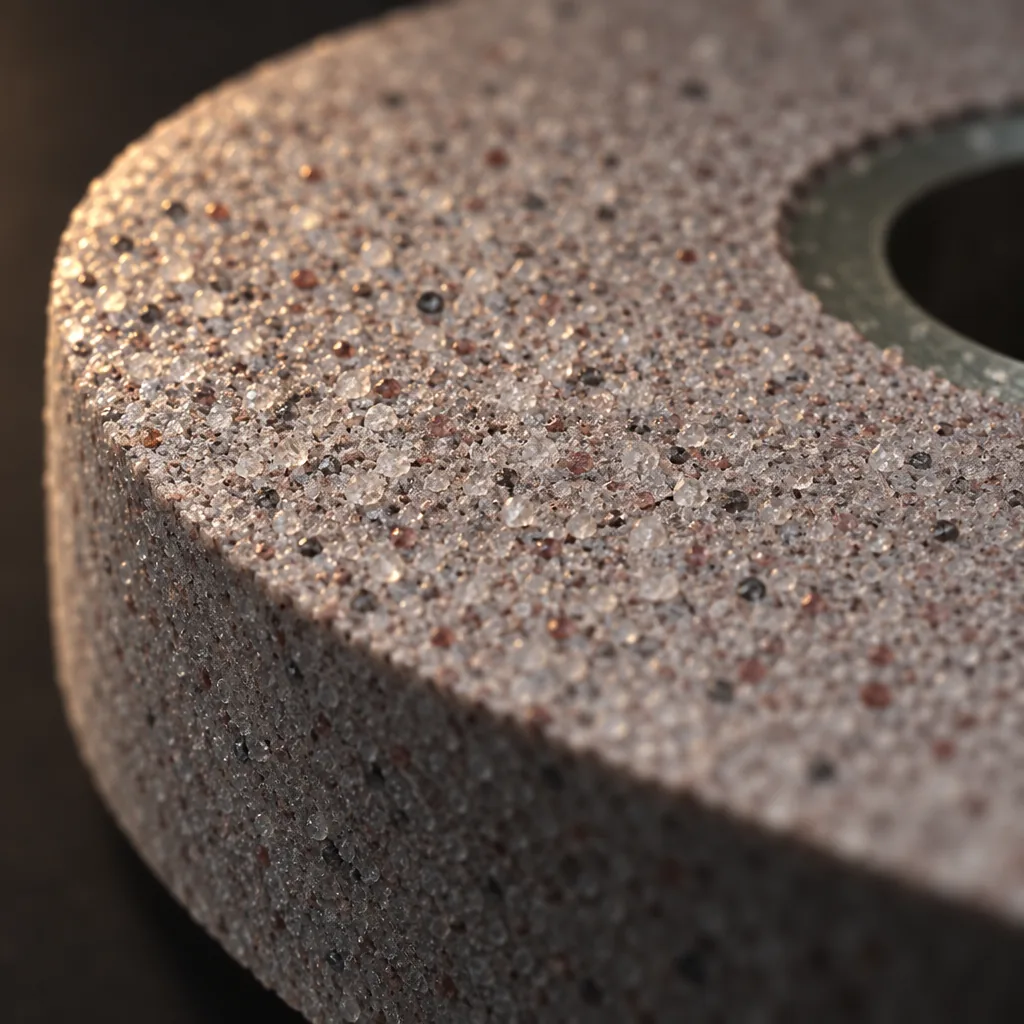 Macro of the pinkish-grey aluminium oxide grit on the face of a Simaflex dressing wheel