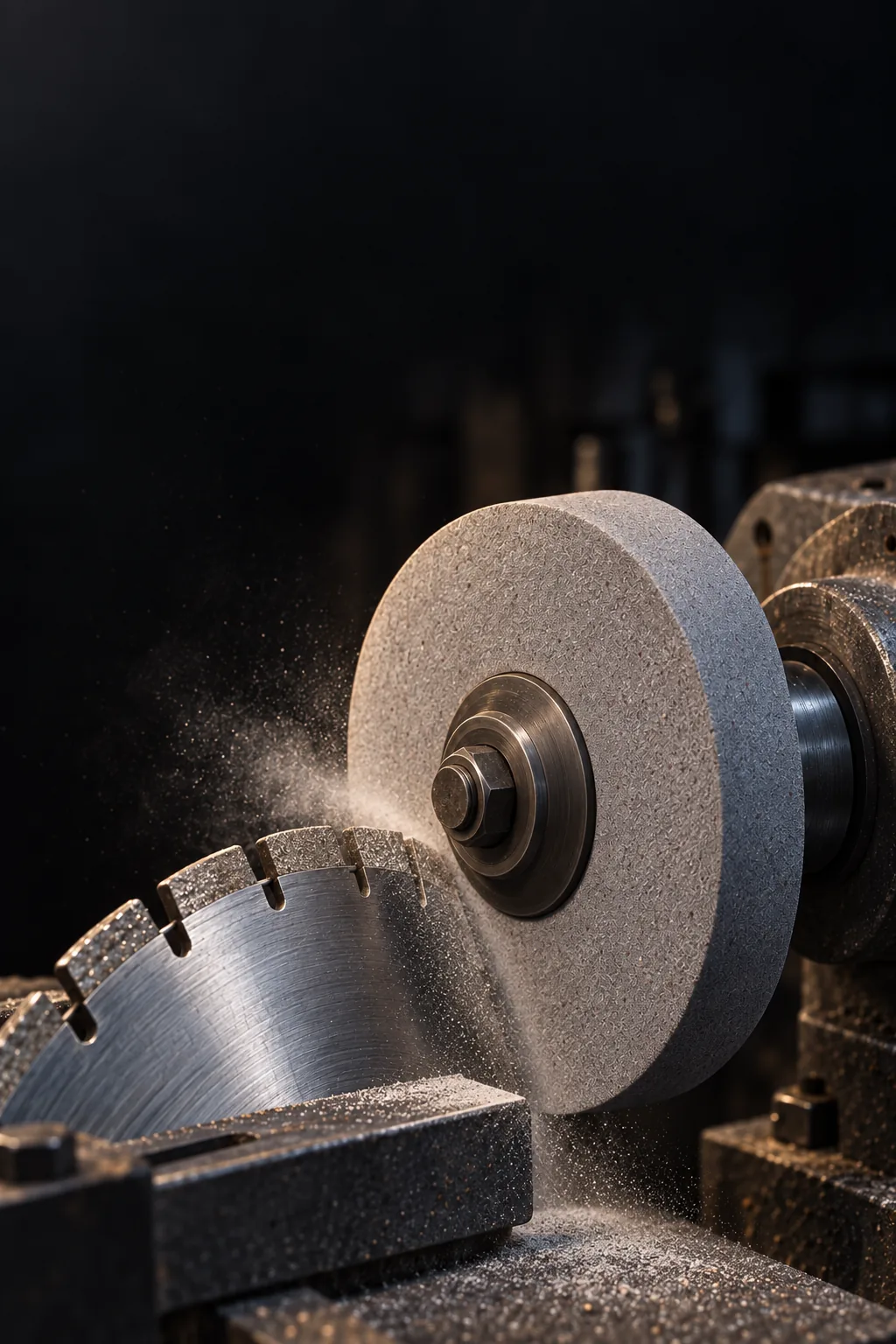 Simaflex aluminium oxide wheel dressing a diamond blade on the bench, portrait framing