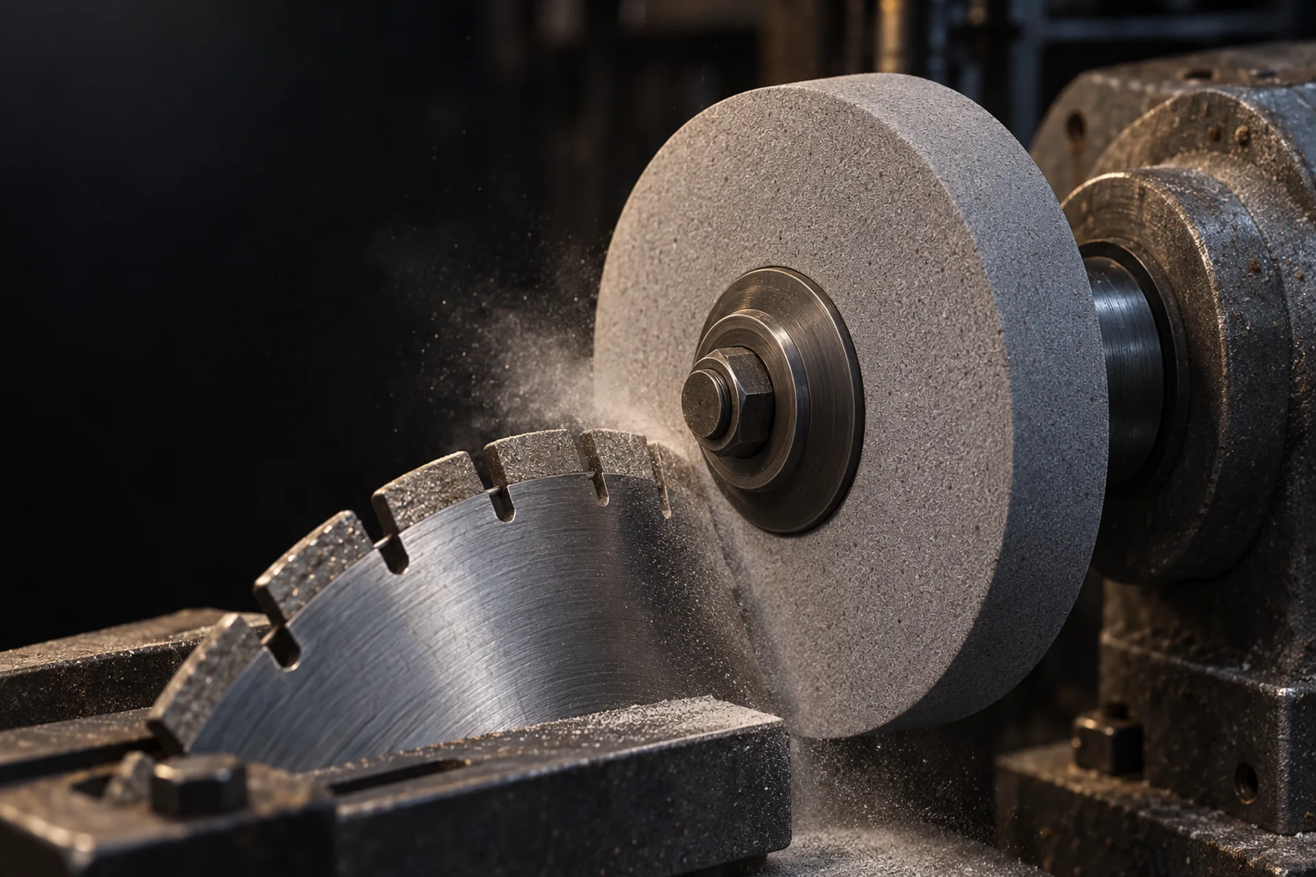 Simaflex cylindrical aluminium oxide wheel on a dressing bench, truing the rim of a diamond blade