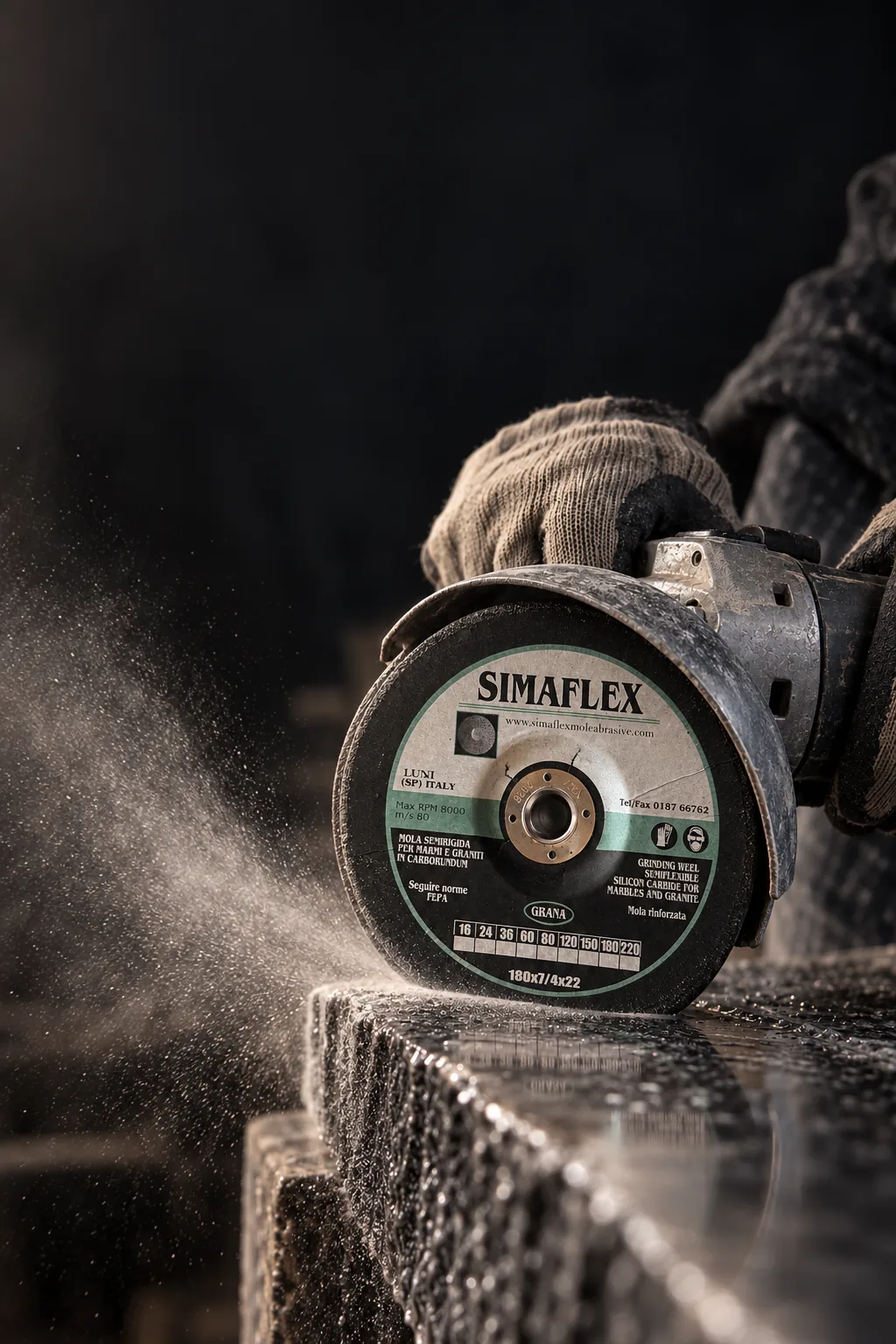 Simaflex semi-flexible disc on an angle grinder working granite, portrait framing, with the dust backlit