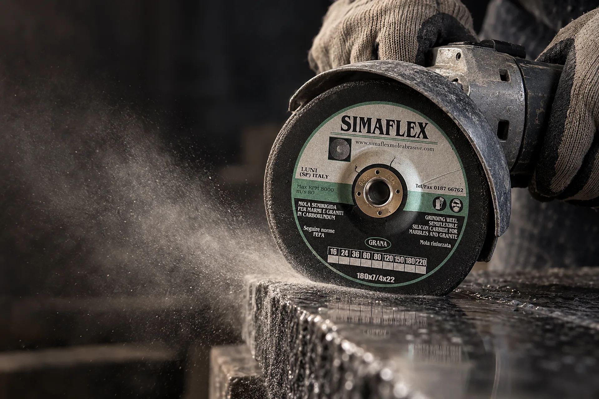 Simaflex 180 mm carborundum semi-flexible disc on an angle grinder, roughing the edge of a granite slab