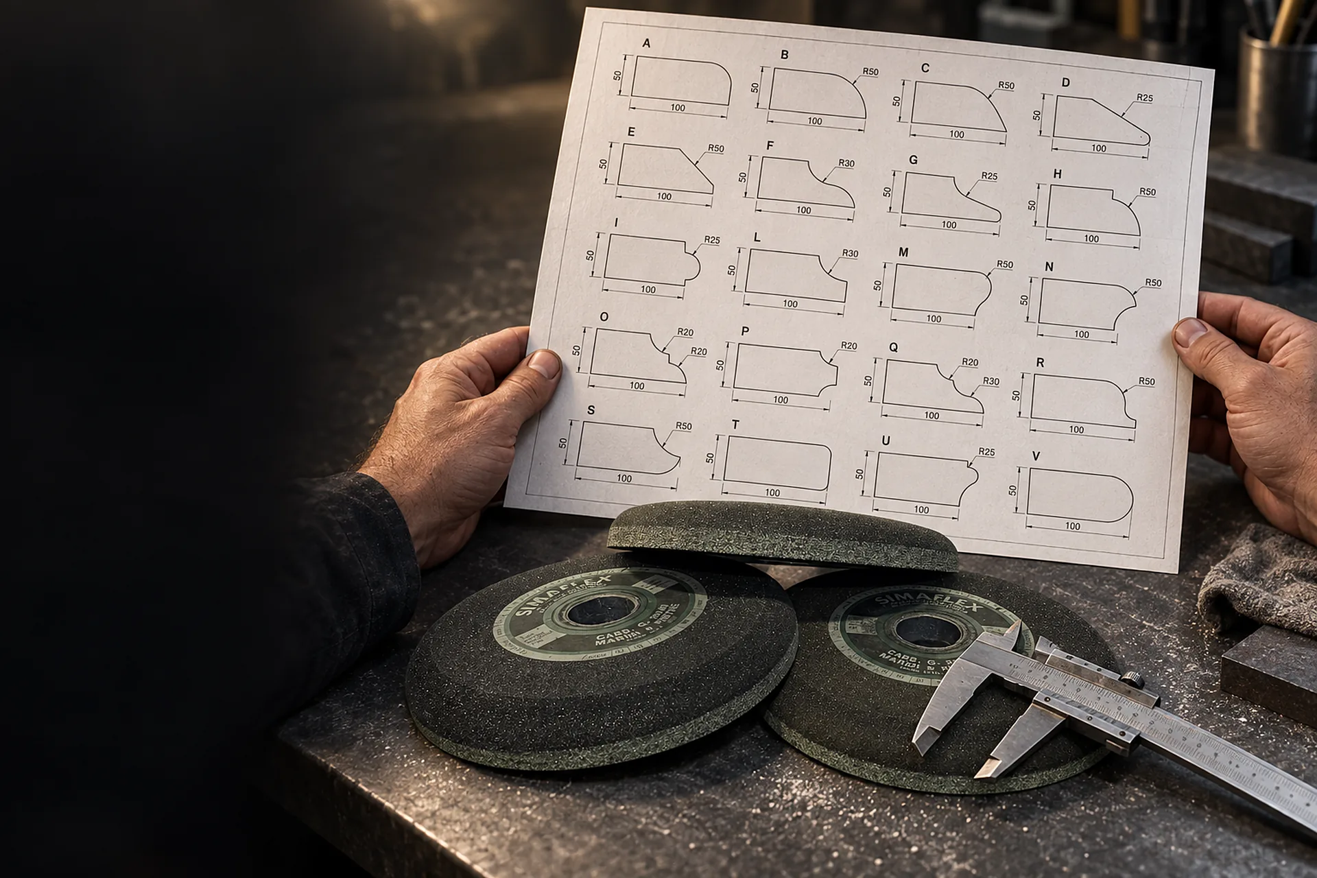 Dimensioned technical drawing of Simaflex profiles compared by hand with a profile wheel and a calliper on the bench