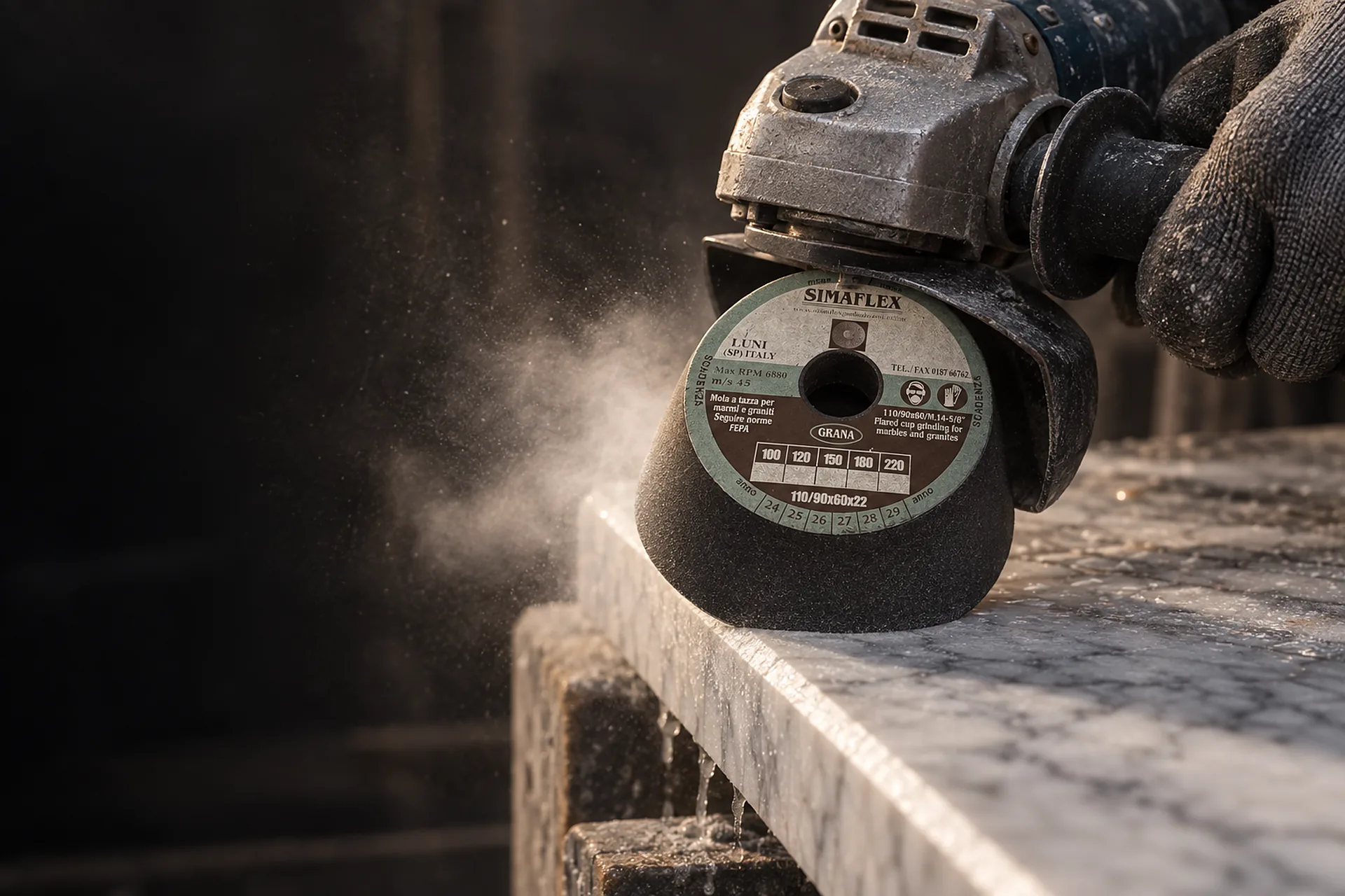 Simaflex silicon carbide conical cup wheel on an angle grinder, chamfering the edge of a marble slab