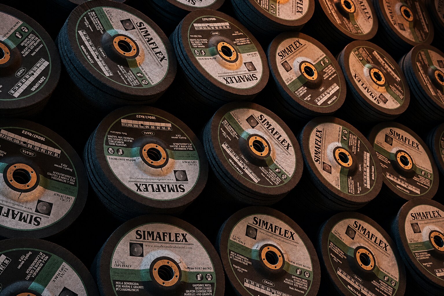 Simaflex production: stacked abrasive wheels, ready in the warehouse